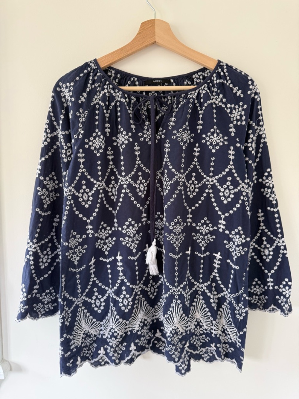 Azulu Embroidered Navy and White  Bohemian Blouse with Tassel Ties